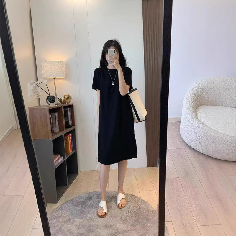 The Material Is Precious ~ the Version Is Perfect! Heavy Weight Anti-Wrinkle Triacetate Round Neck Slit Dress Mid-Length Little Black Dress