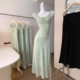 MILLAID I Mint Green French Floral dress V-neck Ruffled Waisted Mid-length Slimming Chiffon Skirt