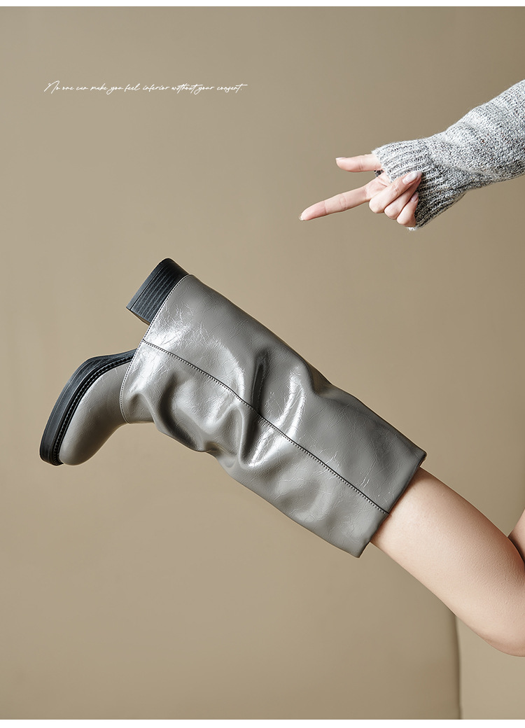Boot nữ da thật cổ cao gót chunky đế xuồng màu trắng, kiểu dáng ôm chân, mùa thu đông — Lớp lót nhung đen, Lớp lót đơn màu trắng nhạt, Lớp lót đơn màu xám, Lớp lót nhung màu xám chi tiết 12