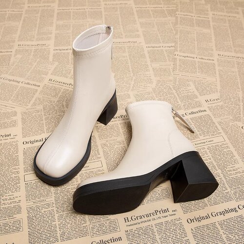 High-heeled Martin boots for women in autumn and winter new style British style round toe thick heel back zipper women's short boots trendy for small people