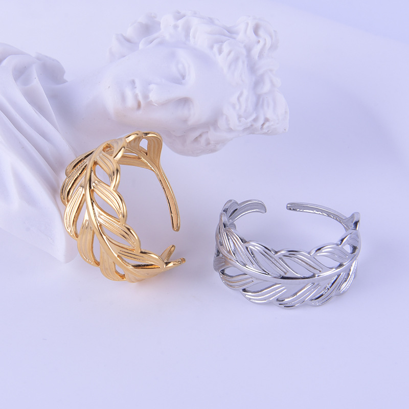 18K Real Gold Plated Plating Material Stone-Free Inlay Material Fashion Leaf Stainless Steel Hollow Out Open Ring