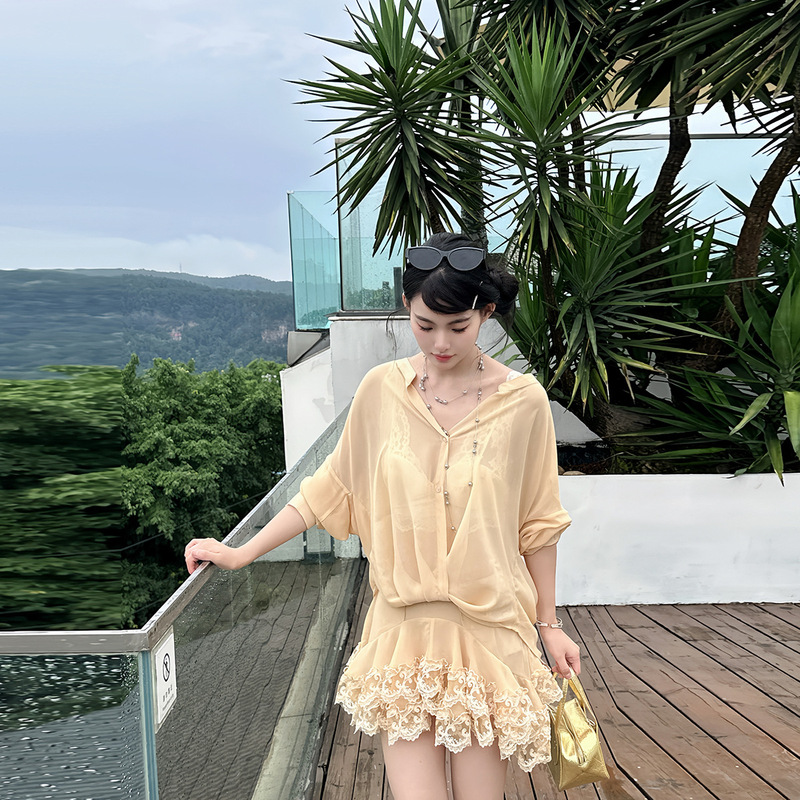 Elegant flabby shirt lace pure desire skirt suit lazy style design top cardigan overskirt two-piece set