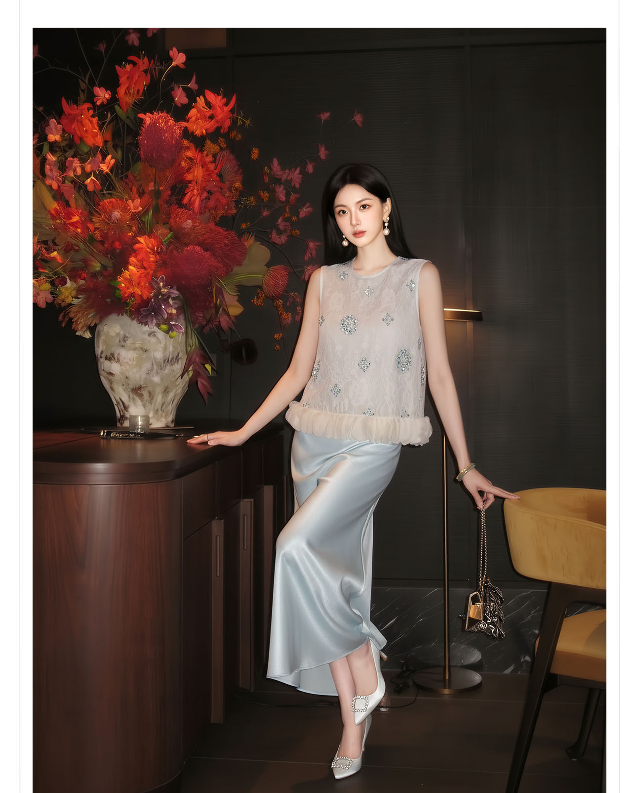Bộ áo gile đính cườm thêu hoa cách tân + chân váy trơn thanh lịch nữ — bộ đồ, Trang chủ, Màu xanh nửa váy chi tiết 10