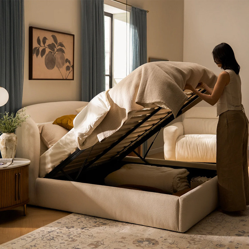 Nordic Mid-Century Cream Style Storage Double Bed French Retro Master Bedroom Lamb Wool Upholstered Bed 1.8m Storage Bed