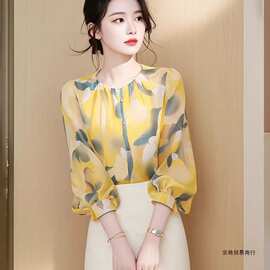 法式碎花雪纺衬衫七分袖早秋2025新款绝美宽松显瘦上衣洋气小衫