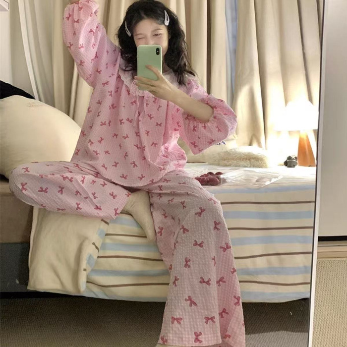 ソースファクトリー人気の春と秋の甘くてかわいいクラウドコットン長袖レースパジャマ女子学生ホームウェアセット|undefined