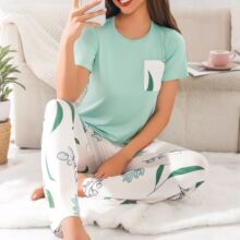 清新淡雅浅绿色口袋短袖植物印花简约休闲女款家居睡衣两件套