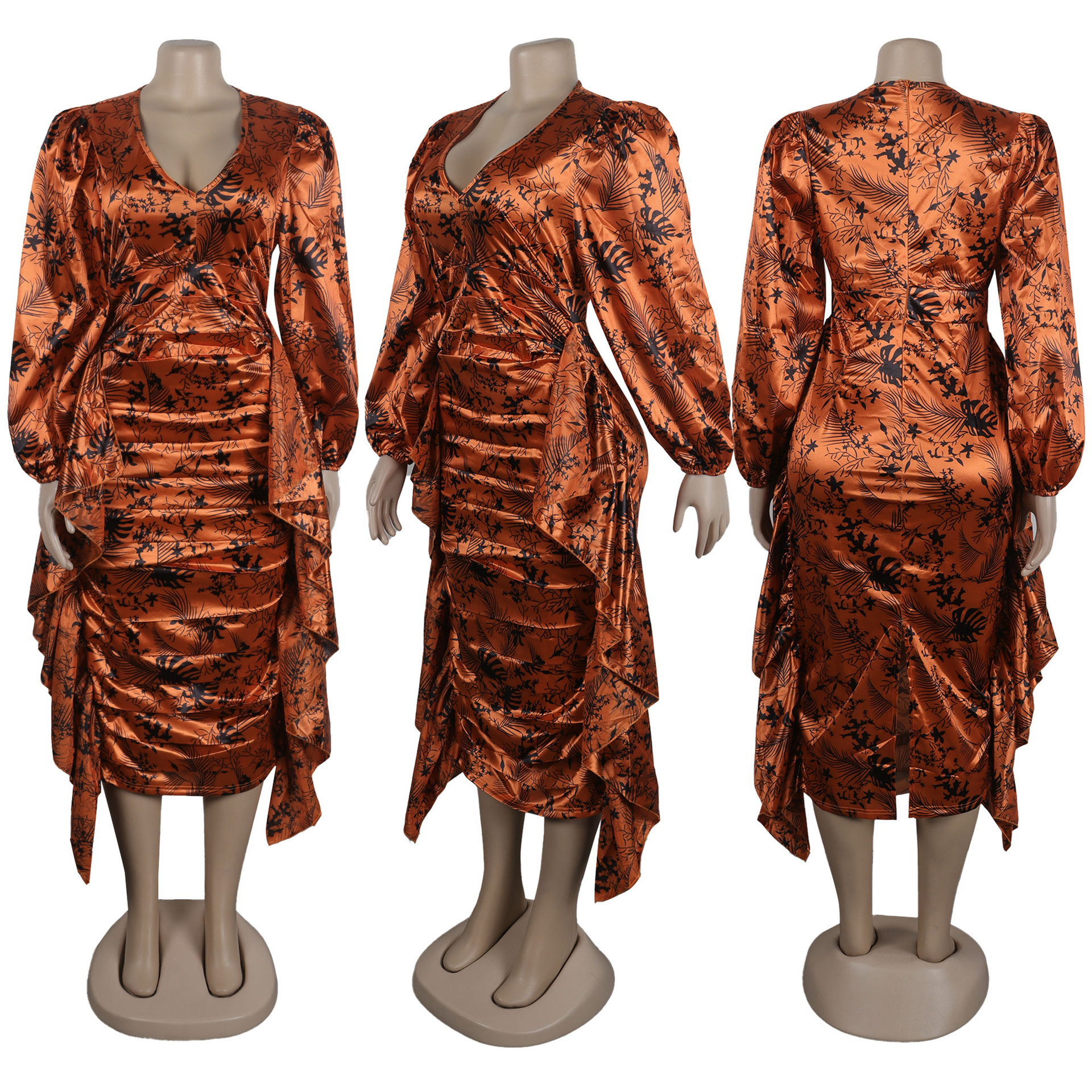 Women's Clothing Sexy Printed Ruffled Lantern Sleeve Hip Hugging Slim Fit Long Sleeve Dress_voghion.com