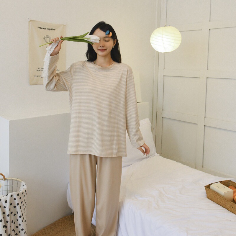 Class a Unprinted Colored Cotton Yarn Striped Pajamas and Loungewear Set with Long Sleeves and Long Pants, Couple Style, Suitable for Wearing Outside
