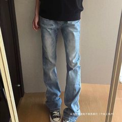 bcare浅蓝色弯刀牛仔裤男女美式高腰修身裤子显瘦提档直筒微喇裤
