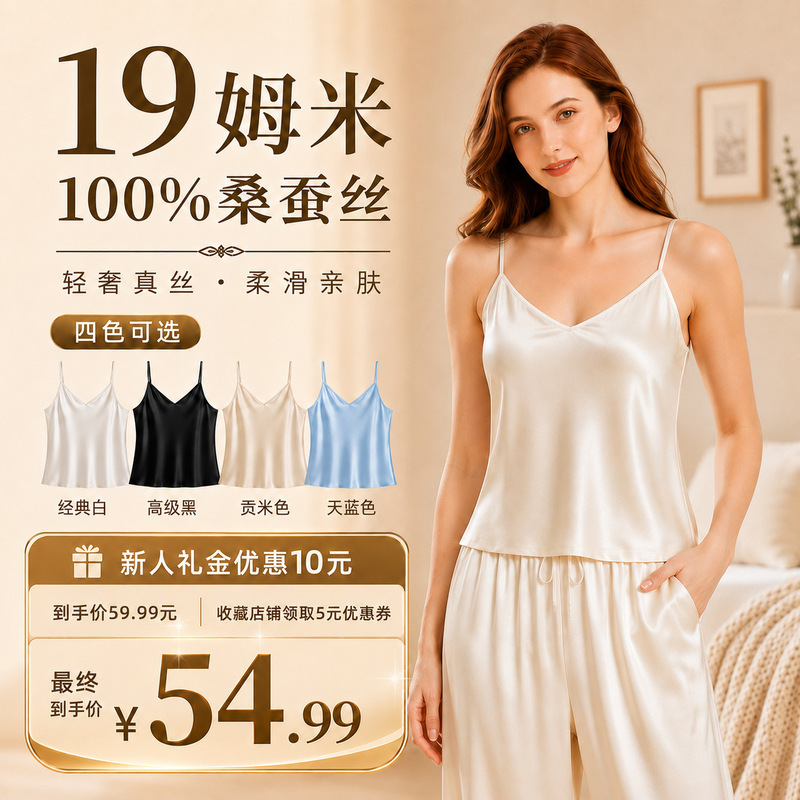 19mm 100% Mulberry Silk Camisole for Women, Silk V-Neck Without Chest Pads, Summer Base Layer Sleepwear, Home Top