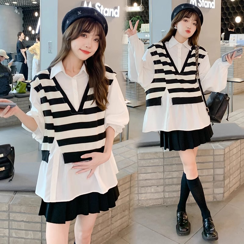 2024 new maternity dress spring and autumn striped long sleeve pregnant women shirt plus size work coat autumn and winter striped shirt