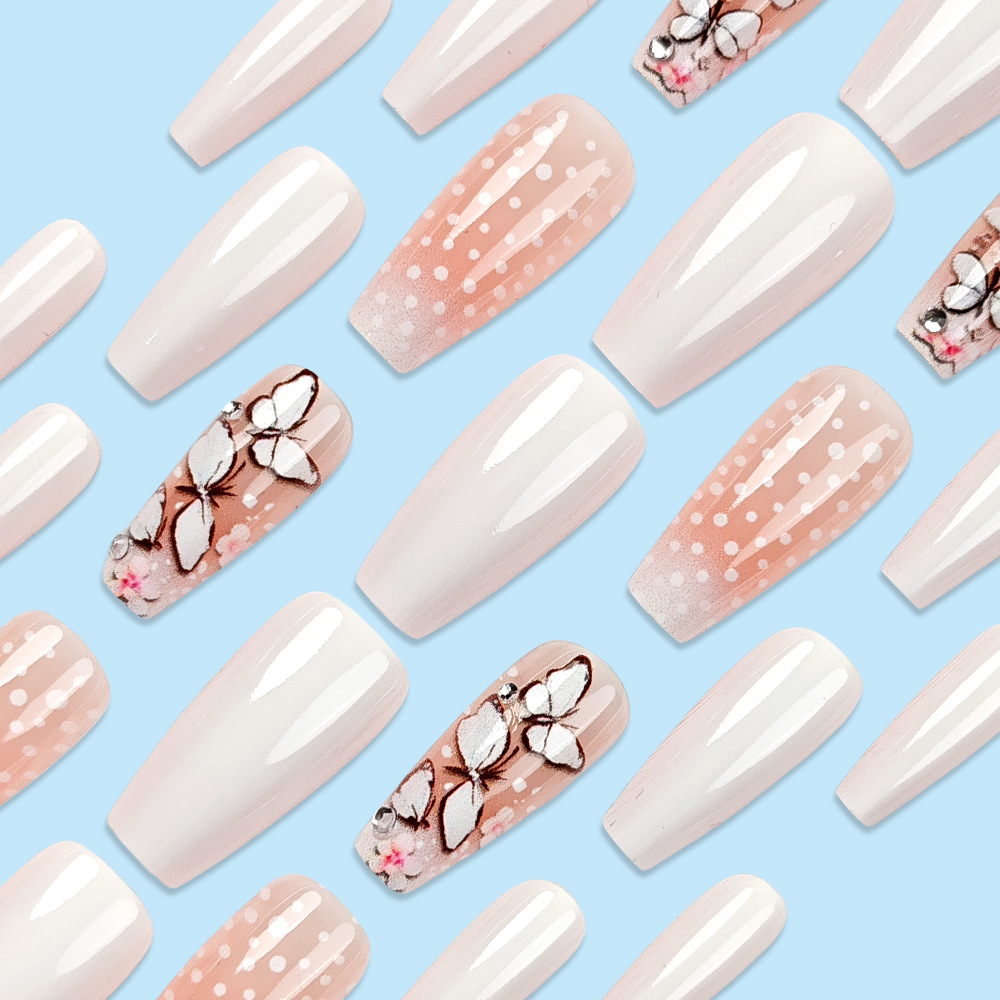 Manicura de uñas de escalera larga de punto blanco simple, parche de uñas de degradado blanco en polvo de mariposa, venta caliente transfronteriza, armadura portátil de diamantes image 4