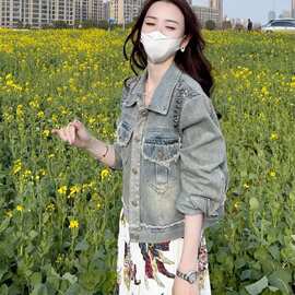 小个子短款牛仔外套女长袖港风POLO领宽松百搭夹克上衣破边流苏潮