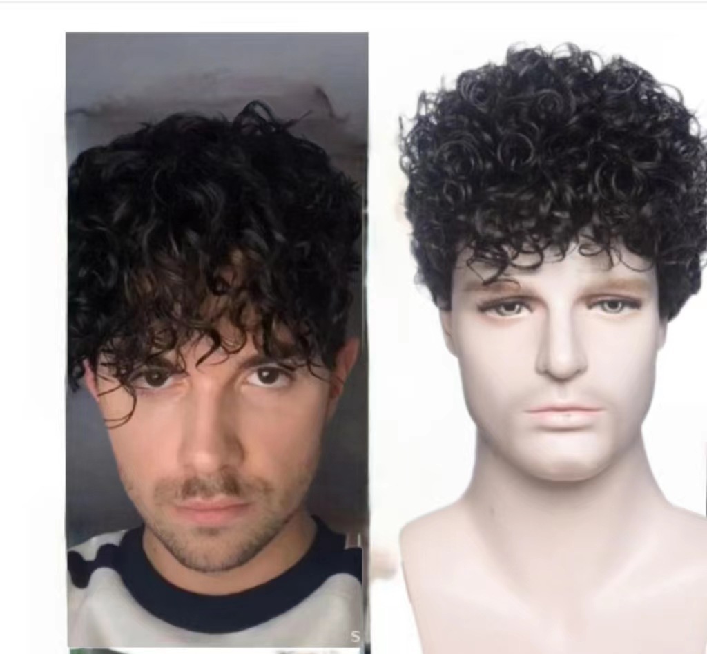 Men's Stylish Short Curly Synthetic Wig Trendy Full Length European American Hair Extensions Average Size High Temperature Lace For Everyday Wear_voghion.com