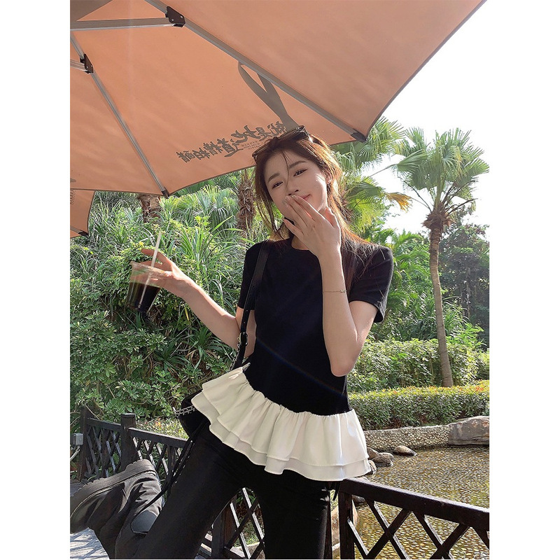 Sweet Spice Hems Lace Short Sleeve T-Shirt Women's 2025 Summer New Pure Shoulder Short Tops