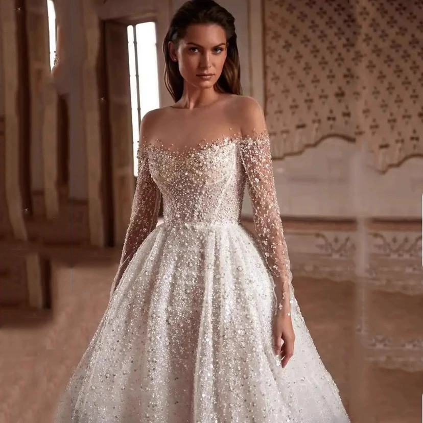 Wedding dress, long-sleeve for bride, Amazon, graduation party, plus size