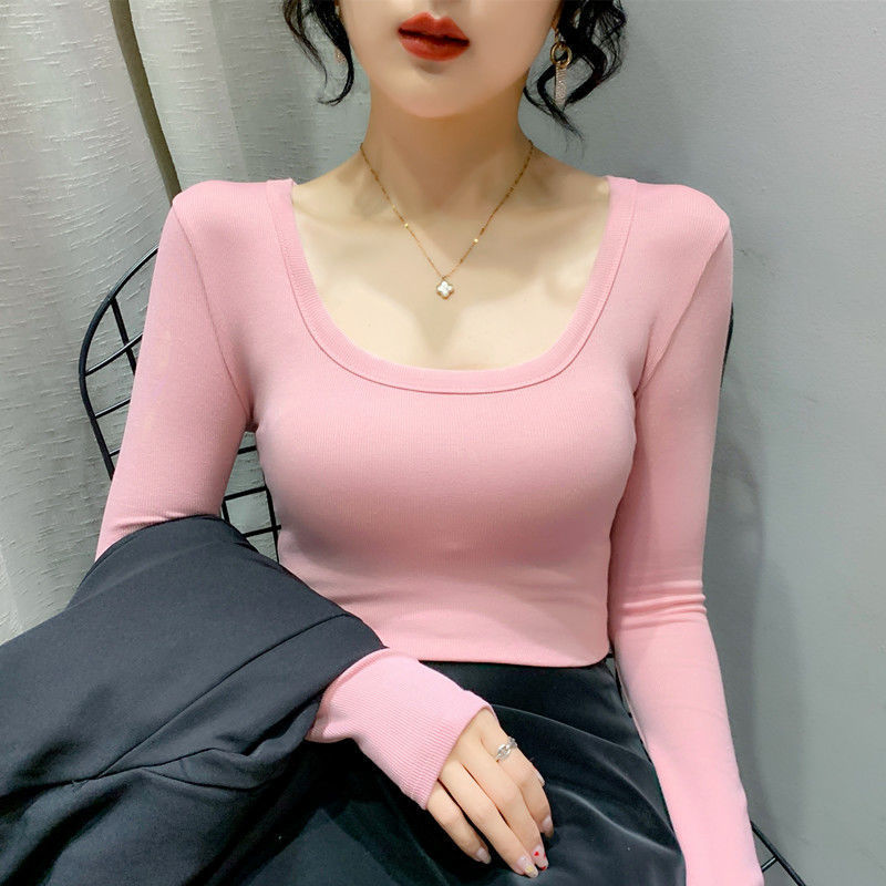 【メーカー直販】ネジベースの女性長袖の純色の中にガードルと春秋タイプの修身uネックtシャツを合わせます。