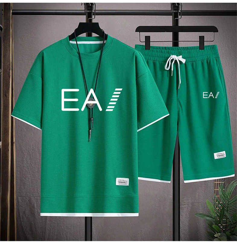 ワッフル半袖夏の Tシャツメンズカジュアルスポーツスーツ卸売ルーズフェイクツーピース半袖 Tシャツツーピースセット|undefined