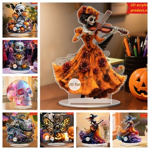 Cross-Border Halloween Pumpkin Element Violin-Playing Skull Woman 2D Acrylic Desktop Ornaments