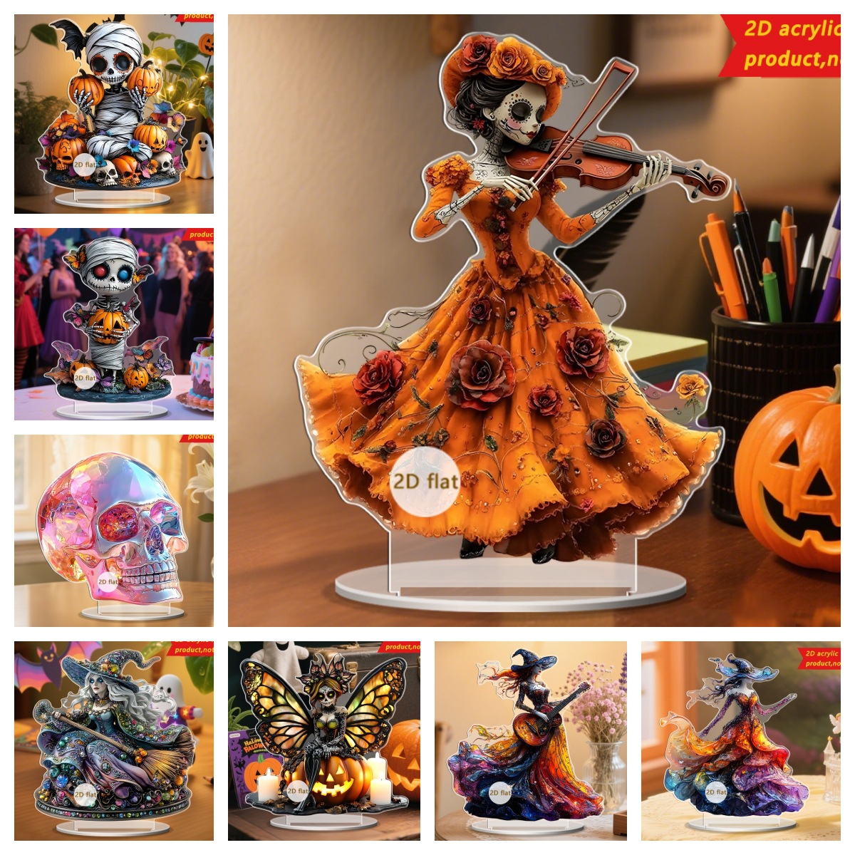 跨境万圣节南瓜元素拉小提琴的骷髅头女人2D亚克力桌面摆件装饰品