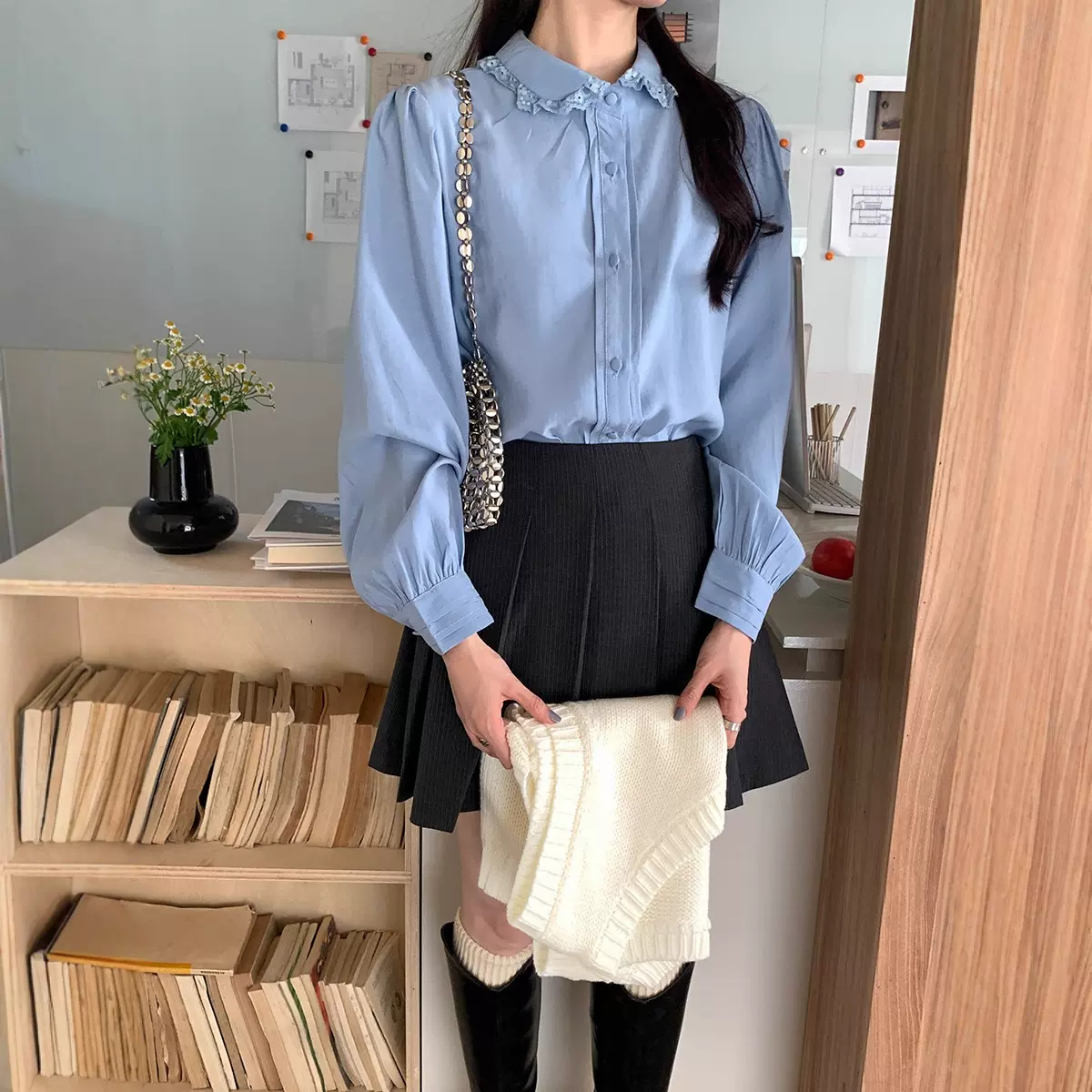 蕾丝拼接翻领长袖衬衫女广州十三行2026新款韩版宽松休闲上衣