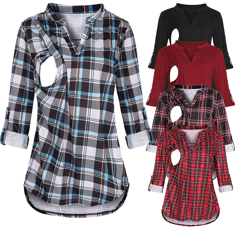 2021 European and American Amazon Plaid Print V-Neck Long Sleeve Top for Pregnant Women 2021 European and American Amazon Plaid Print V-Neck Long Sleeve Top for Pregnant Women
