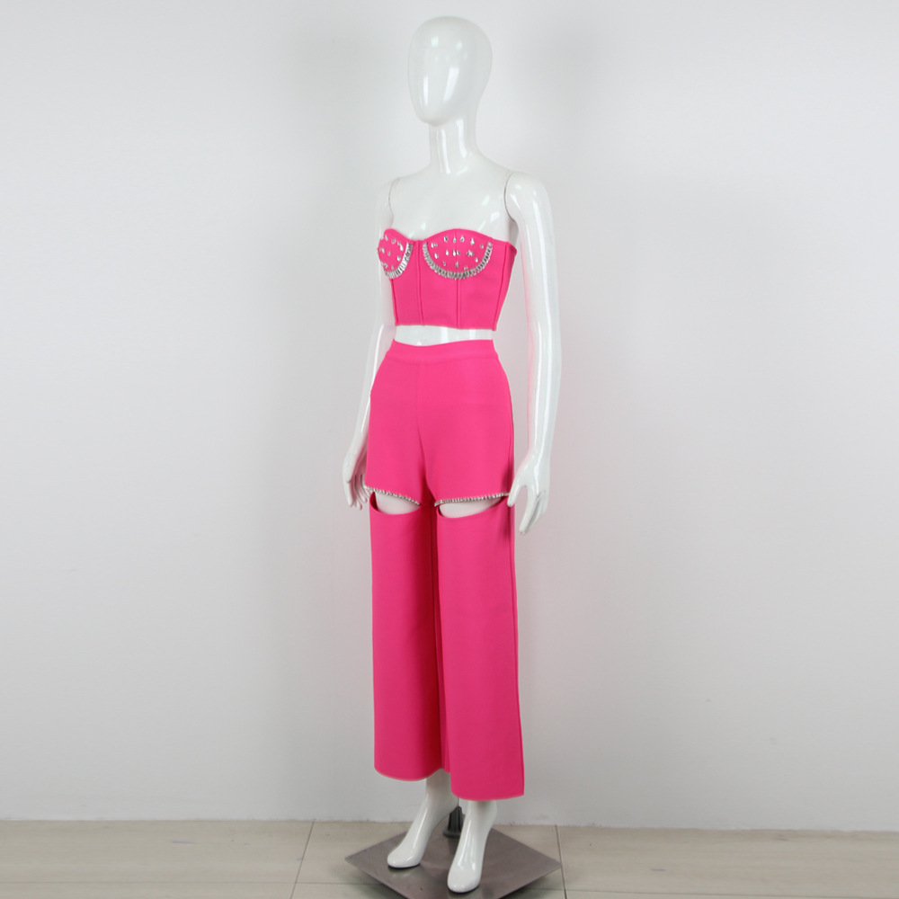 Autumn Summer Women Clothes Sexy Rhinestone Hollow Out Cutout Sheath Bandage Trousers Two Piece Set
