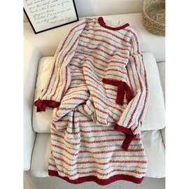 复古慵懒风条纹半边绒睡裙女冬季新款宽松舒适加绒加厚家居服睡衣