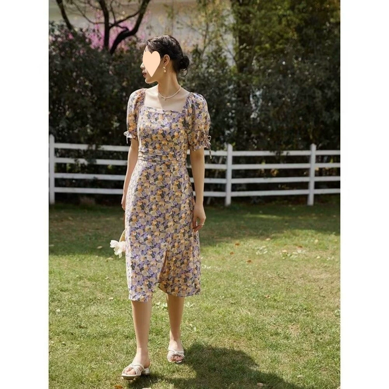 Женское фиолетовое платье с цветочным принтом в одном комплекте больших размеров, новый летний стиль для женщин, платье для перерыва на чай с облегающей талией, французский стиль.