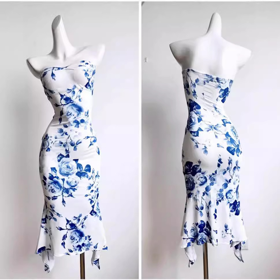 New Chinese-style Slim-fit Niche Printed Tube-top dress Blue and White Porcelain Hip Fishtail Dress Sexy Split Celebrity Dress
