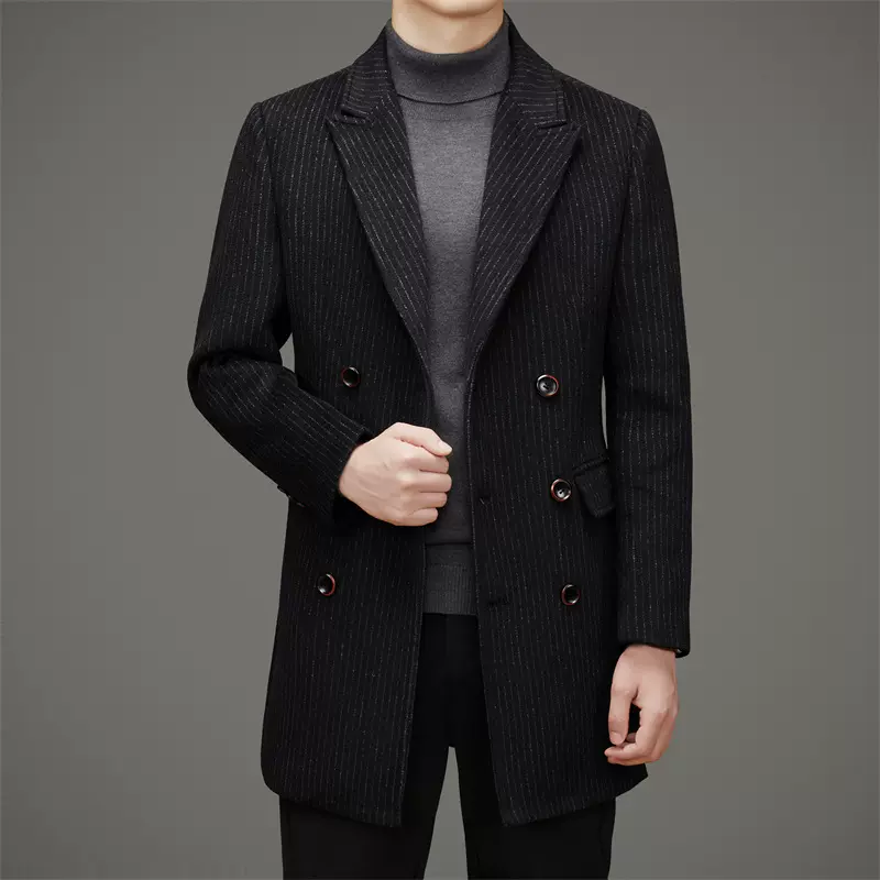 新款秋冬毛呢大衣时尚潮流青年男式中长款条纹双排扣羊毛外套批发