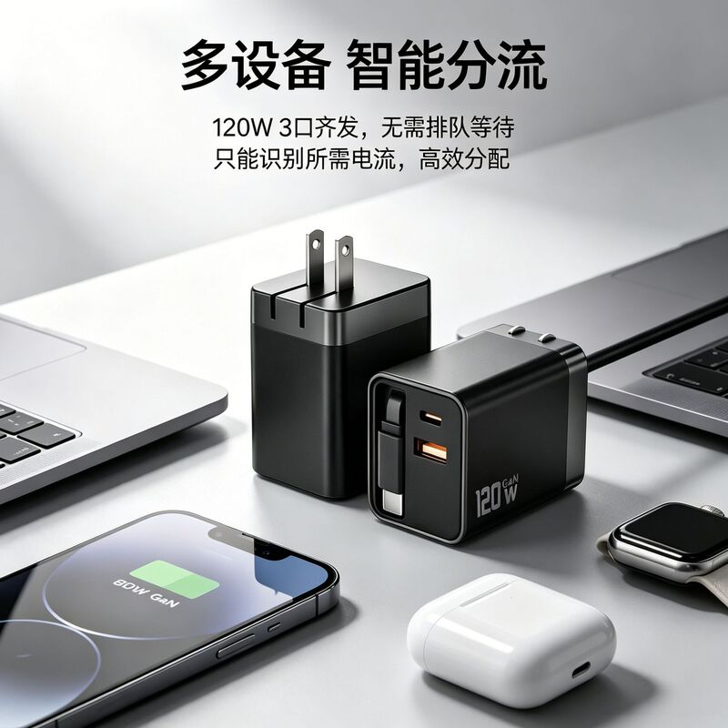 Suitable for Huawei/Apple fast charging head, 120W GaN charging head with built-in retractable cable, A+C multi-port charger Suitable for Huawei/Apple fast charging head, 120W GaN charging head with built-in retractable cable, A+C multi-port charger