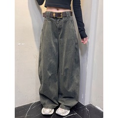秋季新款美式复古工装立体口袋高腰宽松简约休闲阔腿拖地长裤子女