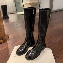 在庫あり即発送！グレープママと同じスタイルのレトロウォッシュドホースレザー厚底ハイブーツ、レディース秋冬モデル