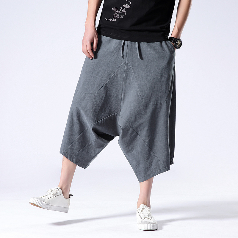 AliExpress 2022 summer Chinese style men's loose Harlan baggy pants sports wide leg hanging men's cropped pants