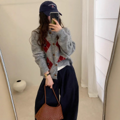 圆领菱格毛衣外套女秋冬高级感开衫慵懒风时尚上衣G1485