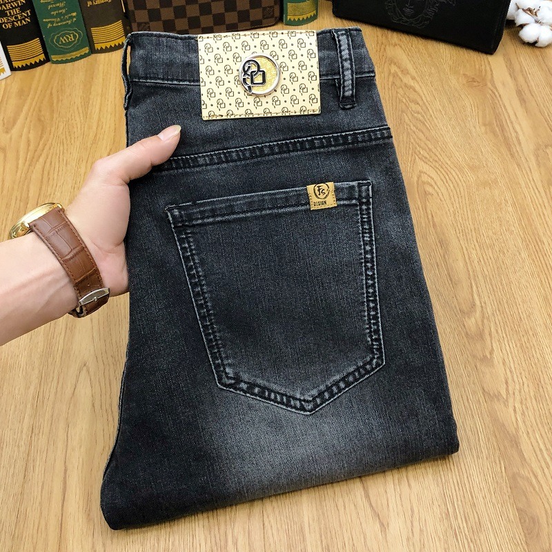 Trendy Men's Light Gray Jeans Slim Fit Straight Leg Long Pants Spring_mkmklike.com