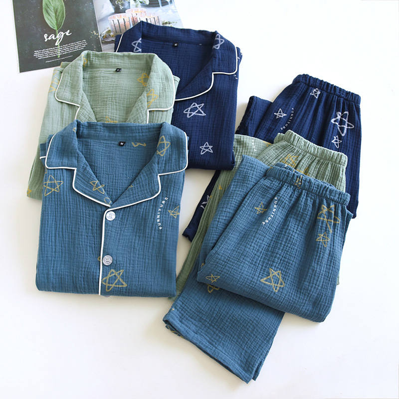 Men's cotton crepe double-layer gauze pajamas long-sleeved trousers home wear cardigan plus size plus size five-star seersucker