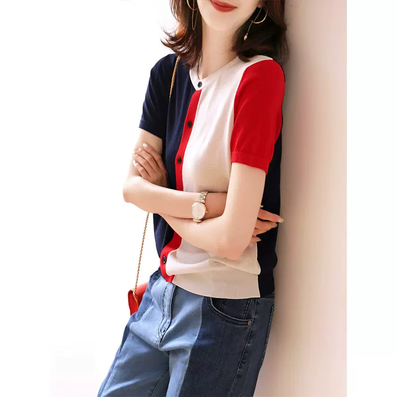 清仓捡漏不退换：拼色圆领冰丝针织开衫女显瘦单排扣短袖上衣T恤