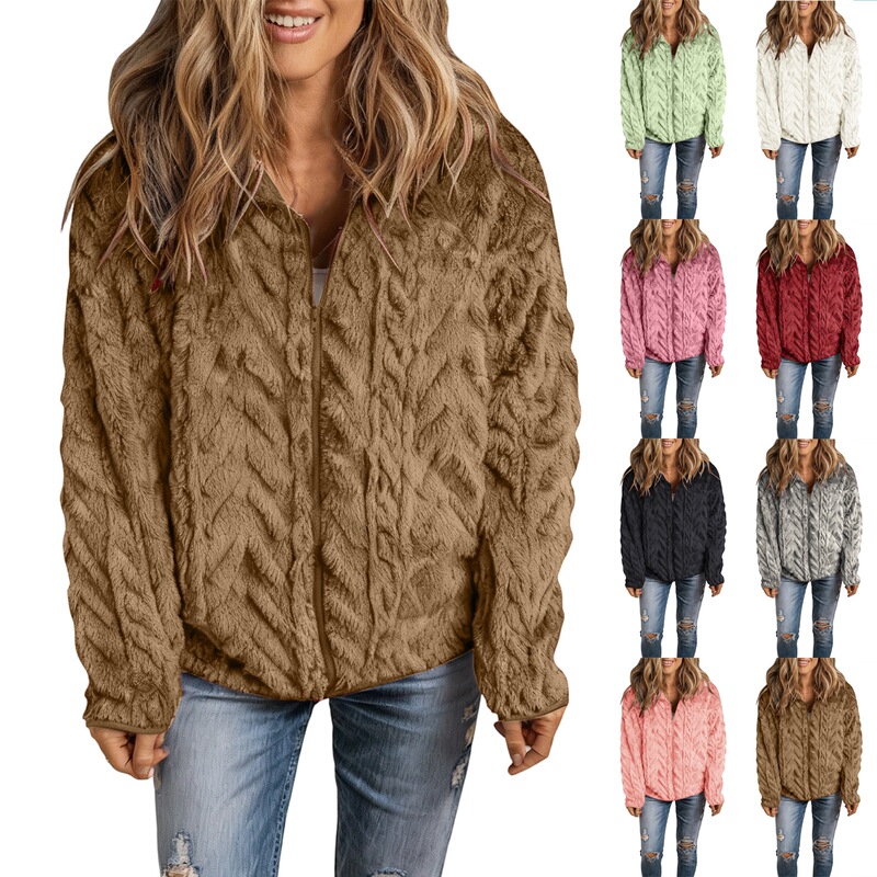 2026 European and American cross-border autumn/winter women's clothing: solid-color casual zip-up cardigan with stand-up collar and pockets, fleece jacket