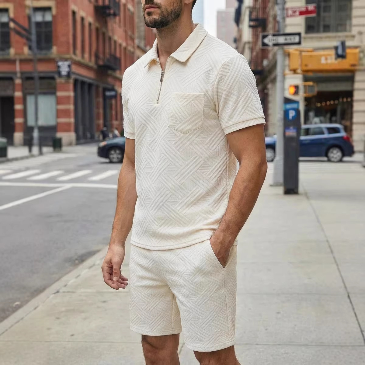 Zweiteiliges Herren-Set aus Waffelstrick, einfarbig, Sommer, Kurzarm, Shorts mit Tasche und Jacquard-Kragen._voghion.com