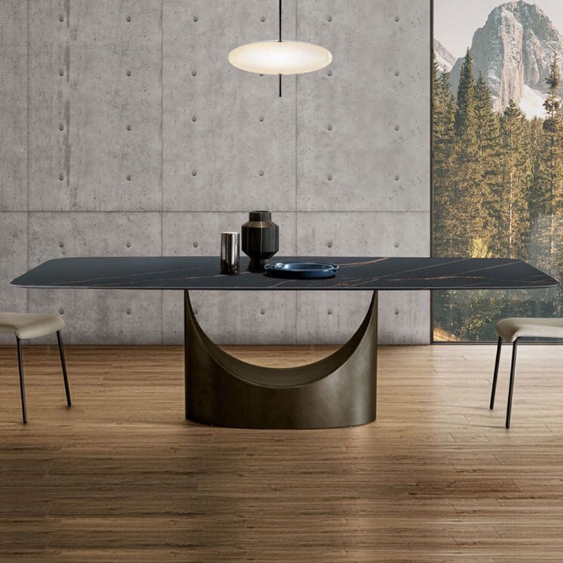 Italian Minimalist Granite Dining Table and Chair Set U-shaped Table Stand, Luxury Home Use Large Long Rectangle Yellow Brass Color Dining Table