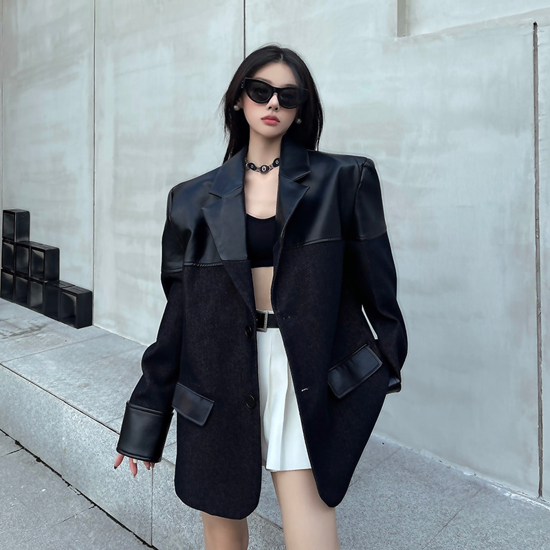 2024 New High-grade Feeling New Handsome Unisex Suit Jacket Women's Autumn and Winter Thickened pu Leather Stitching Design Sense Suit for Women