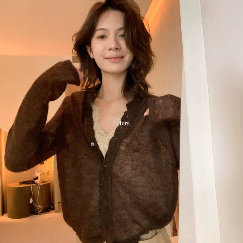 Hers One Spoon of Sweetness 2026 Early Autumn Korean Style Simple Versatile Slimming Thin Stand Collar Knit Cardigan for Women 66803