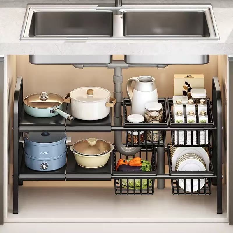 Retractable Kitchen Sink Storage Rack Pot Rack in the Cabinet Household Multi-Layer Cabinet Layered Pot Storage Rack