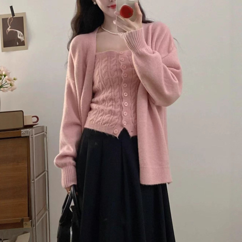 秋冬韩系慵懒风麻花针织两件套装背心+领宽松简约纯色开衫外套女|undefined