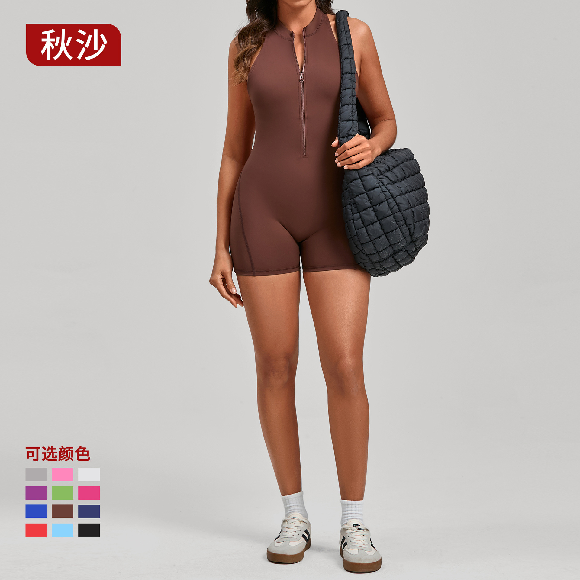 Peach Hip de una sola pieza de secado rápido plisado mono de fitness Pantalones de yoga deportivos ajustados no tejidos europeos y americanos con cremallera