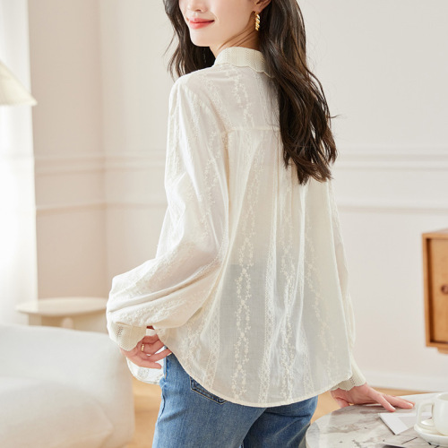 Cotton Pima Shell Blouse Women's Long Sleeve 2025 Spring Collection New Design Style Indie Knit Collar Top Shirt
