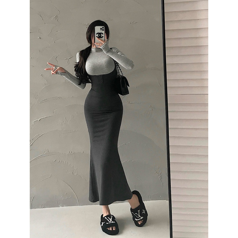 欧美辣妹女装纯欲性感紧身小高领长袖T恤包臀鱼尾背带连衣裙套装